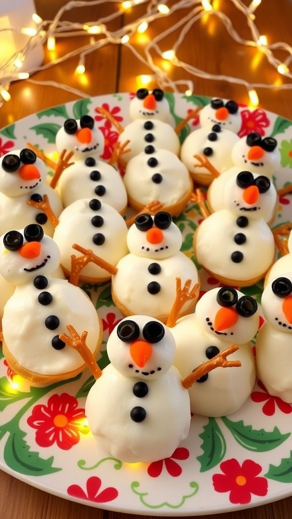 A festive display of potato snowman bites, decorated with olives, carrots, and pretzels, on a holiday-themed plate.
